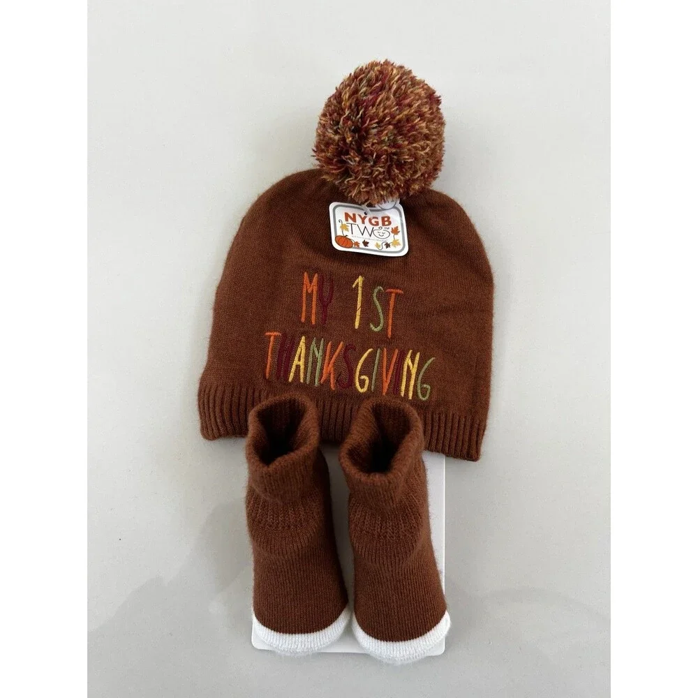 NYGB Baby Boy Girl Hat Sock 2 Pcs Set MY 1st THANKSGIVING 6-12 Month Outfit Gift